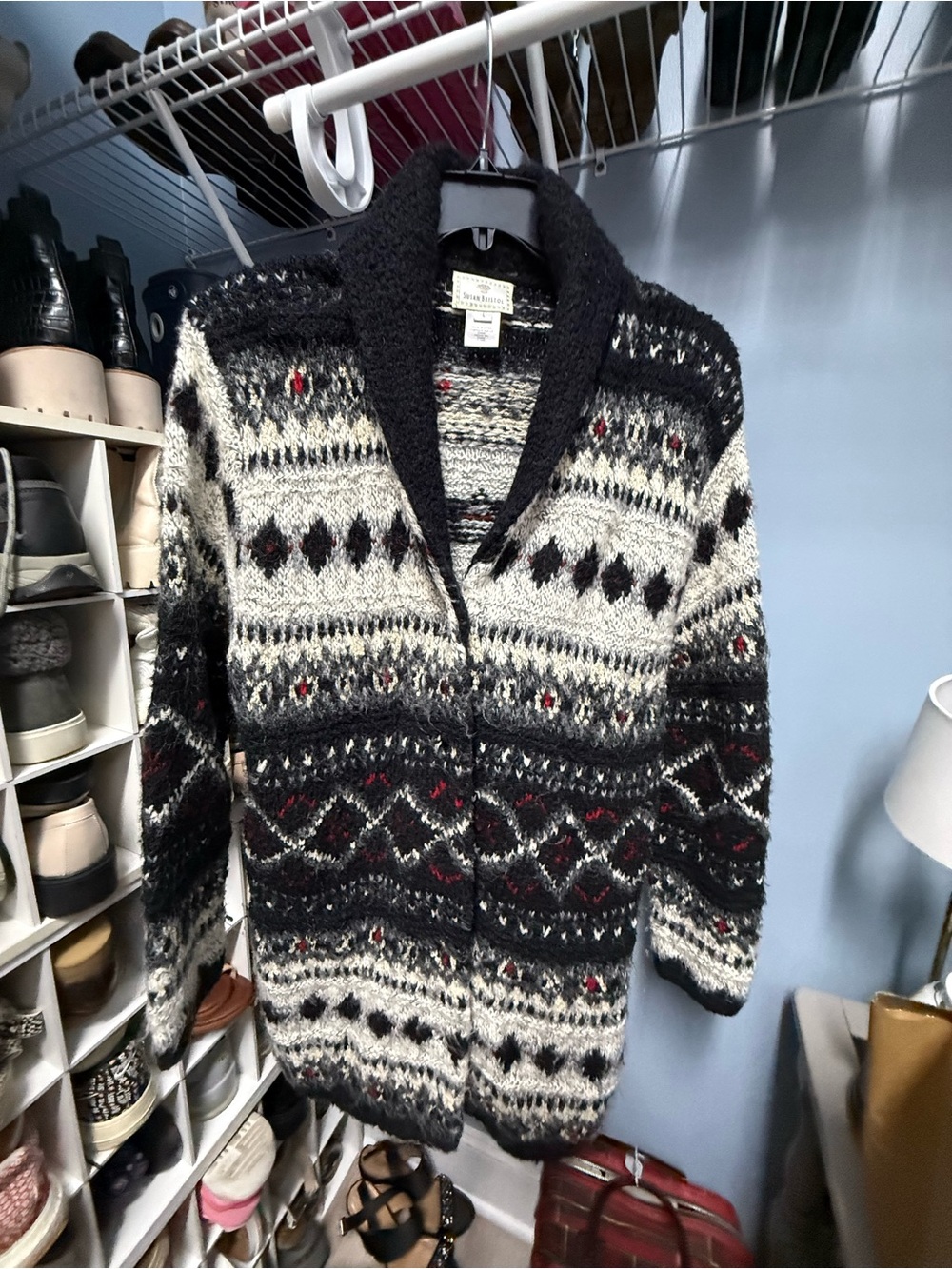 Susan Bristol Black, White & Red Patterned Shawl-Collar Cardigan